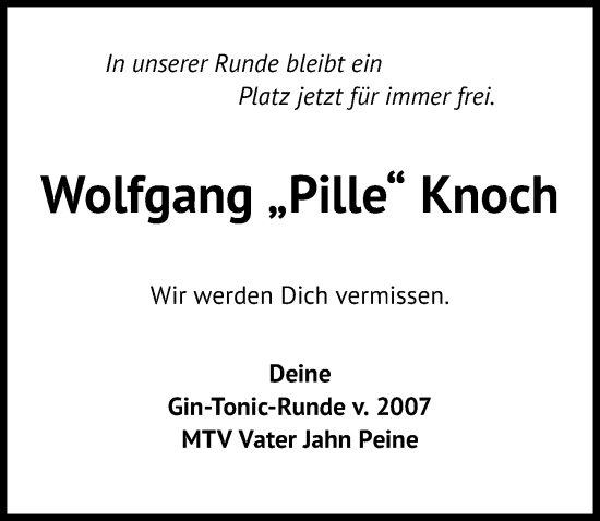 Traueranzeige von Wolfgang Knoch von Peiner Allgemeine Zeitung