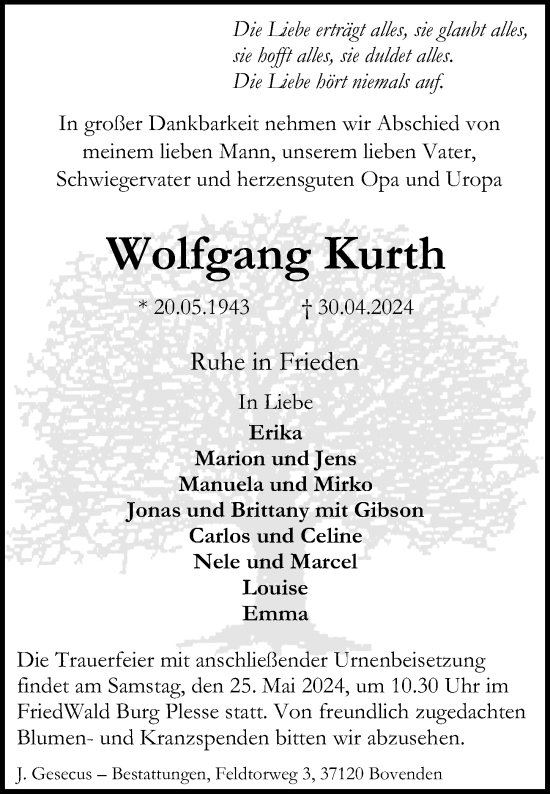 Traueranzeige von Wolfgang Kurth von Göttinger Tageblatt