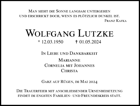 Traueranzeige von Wolfgang Lutzke von Ostsee-Zeitung GmbH