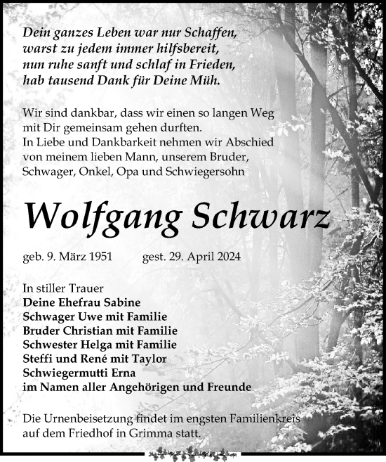 Traueranzeige von Wolfgang Schwarz von Leipziger Volkszeitung