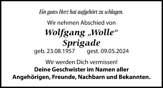 Traueranzeige von Wolfgang Sprigade von Leipziger Volkszeitung