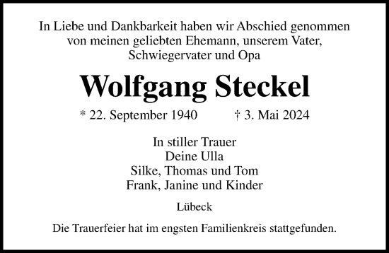 Traueranzeige von Wolfgang Steckel von Lübecker Nachrichten