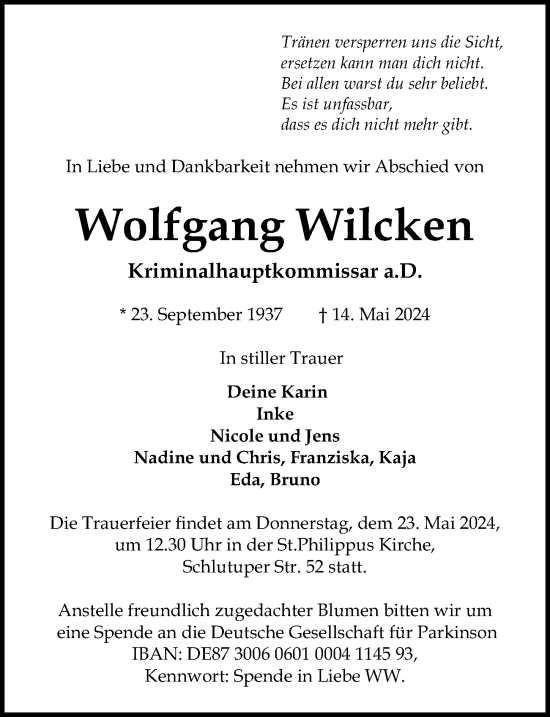 Traueranzeige von Wolfgang Wilcken von Lübecker Nachrichten