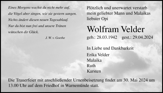 Traueranzeige von Wolfram Velder von Ostsee-Zeitung GmbH