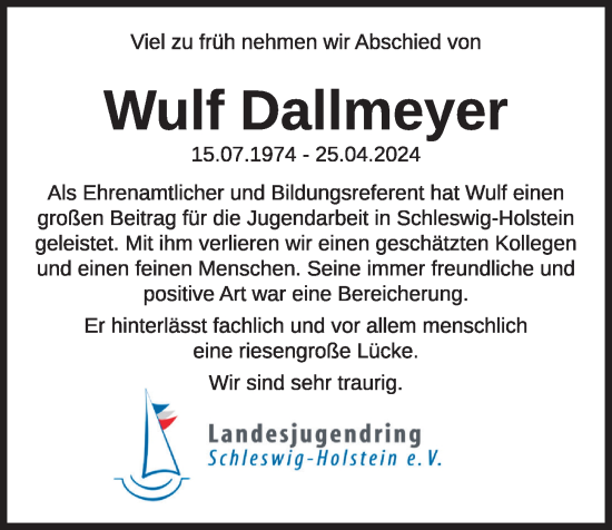 Traueranzeige von Wulf Dallmeyer von Kieler Nachrichten