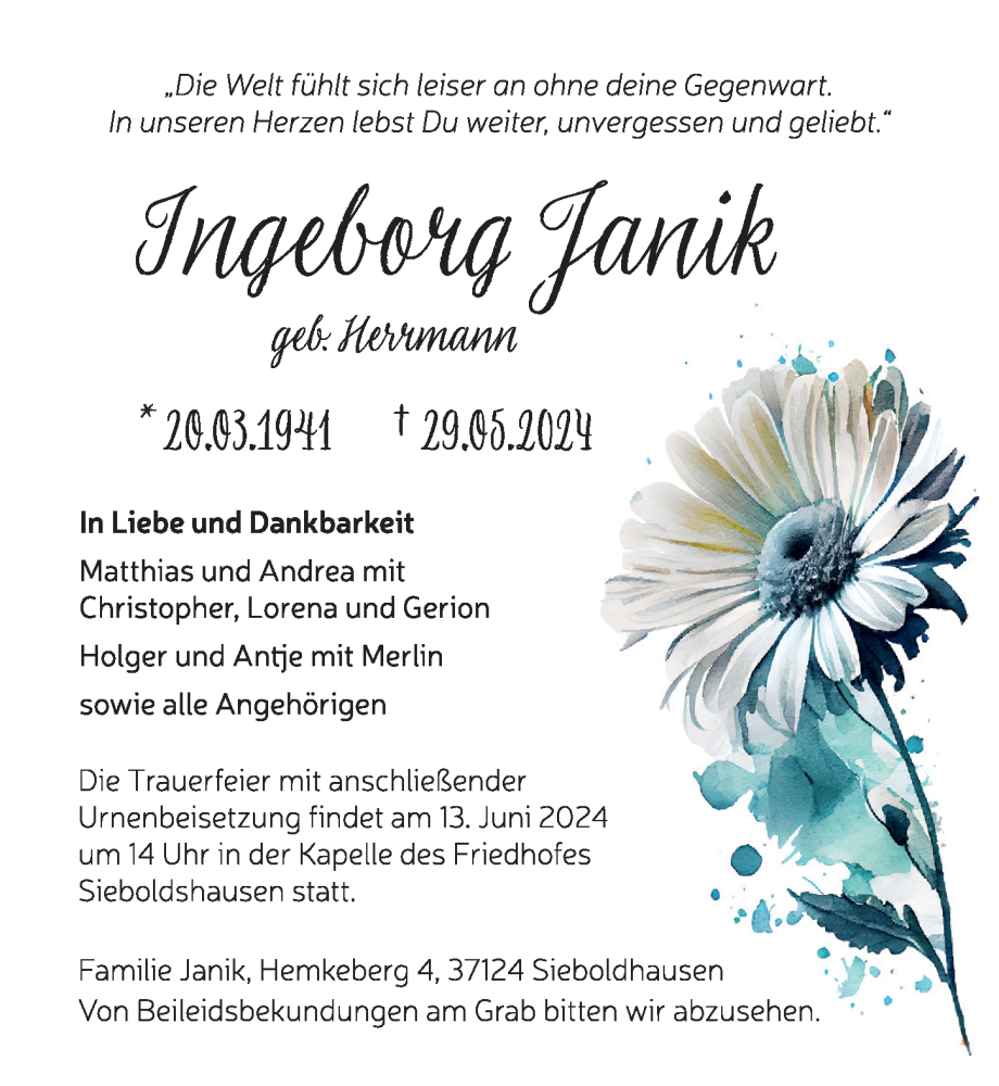  Traueranzeige für Ingeborg Janik vom 08.06.2024 aus Göttinger Tageblatt