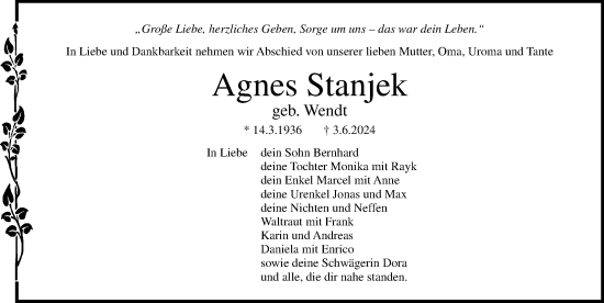Traueranzeige von Agnes Stanjek von Ostsee-Zeitung GmbH