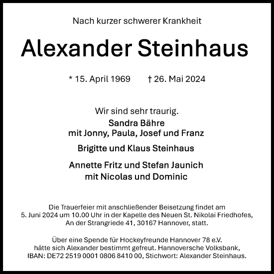 Traueranzeige von Alexander Steinhaus von Hannoversche Allgemeine Zeitung/Neue Presse
