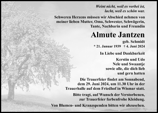 Traueranzeige von Almute Jantzen von Ostsee-Zeitung GmbH