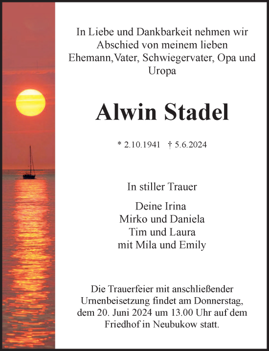 Traueranzeige von Alwin Stadel von Ostsee-Zeitung GmbH
