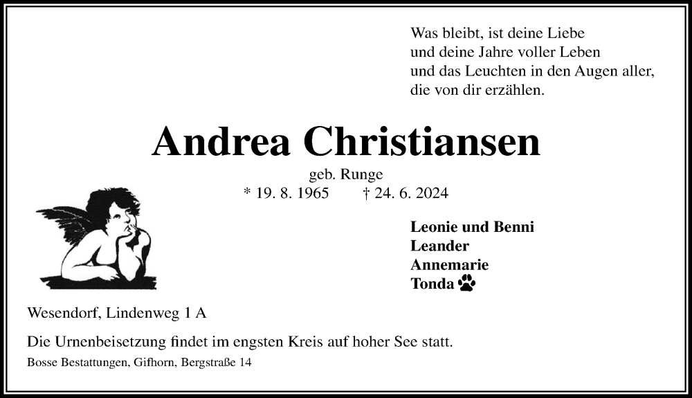  Traueranzeige für Andrea Christiansen vom 29.06.2024 aus Aller Zeitung