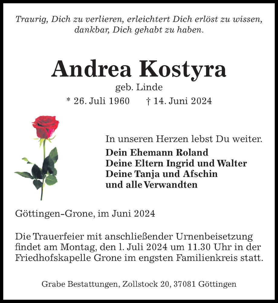  Traueranzeige für Andrea Kostyra vom 22.06.2024 aus Göttinger Tageblatt
