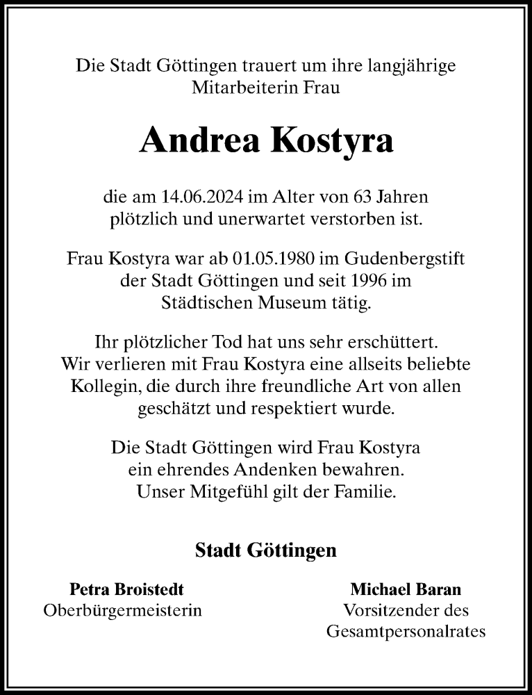  Traueranzeige für Andrea Kostyra vom 22.06.2024 aus Göttinger Tageblatt