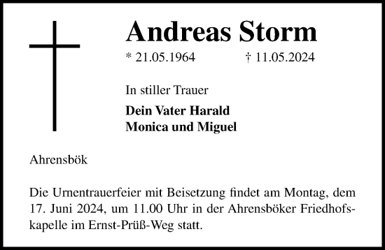 Traueranzeige von Andreas Storm von Lübecker Nachrichten