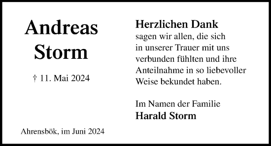 Traueranzeige von Andreas Storm von Lübecker Nachrichten