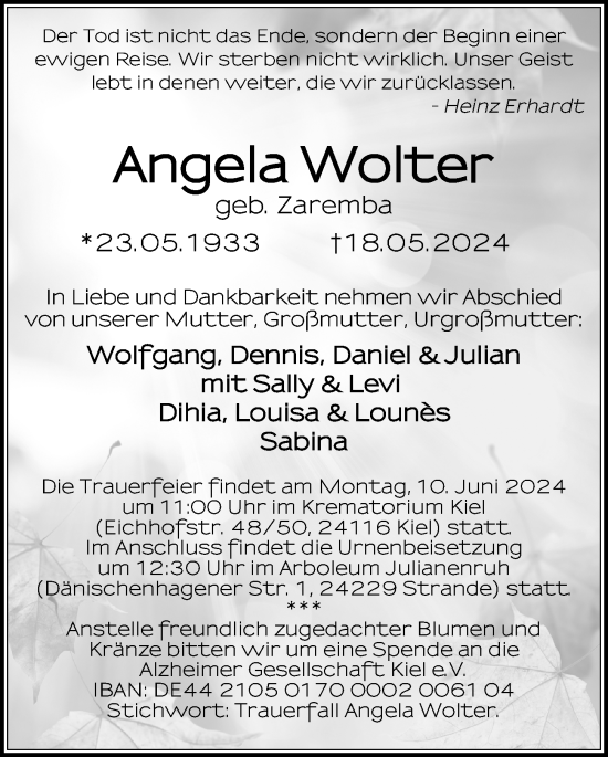 Traueranzeige von Angela Wolter von Kieler Nachrichten