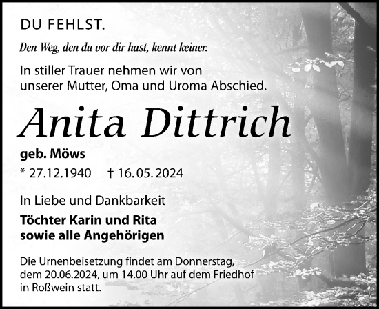 Traueranzeige von Anita Dittrich von Leipziger Volkszeitung