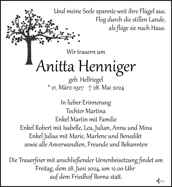 Traueranzeige von Anitta Henniger von Leipziger Volkszeitung