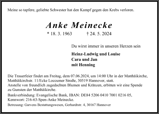 Traueranzeige von Anke Meinecke von Hannoversche Allgemeine Zeitung/Neue Presse