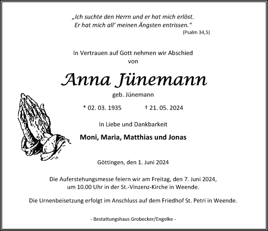 Traueranzeige von Anna Jünemann von Göttinger Tageblatt