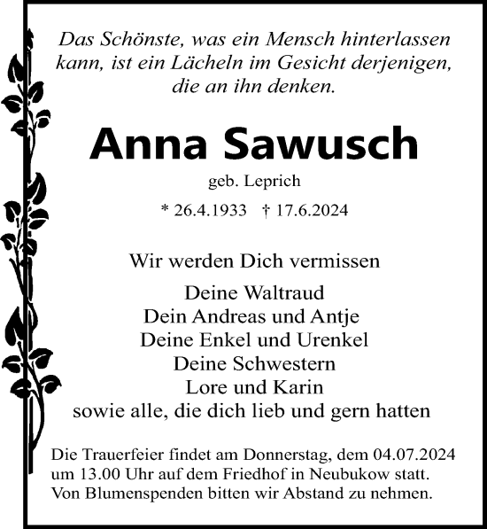 Traueranzeige von Anna Sawusch von Ostsee-Zeitung GmbH