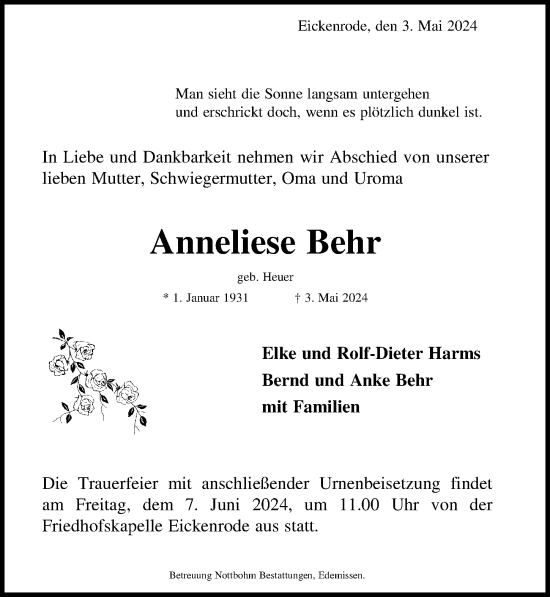 Traueranzeige von Anneliese Behr von Peiner Allgemeine Zeitung
