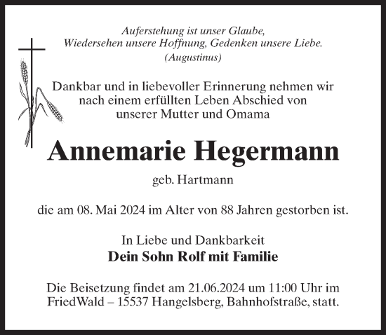 Traueranzeige von Annemarie Hegermann von Märkischen Allgemeine Zeitung