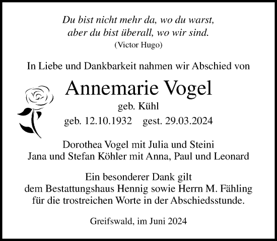 Traueranzeige von Annemarie Vogel von Ostsee-Zeitung GmbH