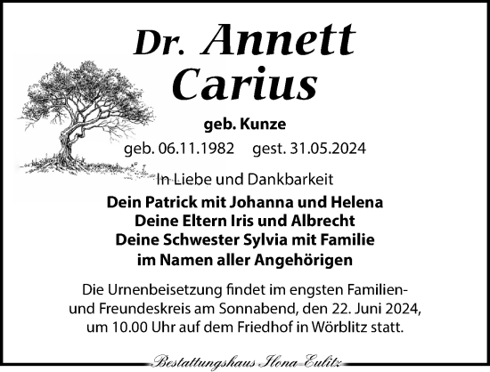 Traueranzeige von Annett Carius von Torgauer Zeitung