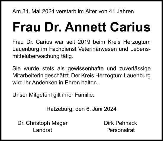 Traueranzeige von Annett Carius von Lübecker Nachrichten