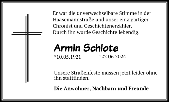 Traueranzeige von Armin Schlote von Hannoversche Allgemeine Zeitung/Neue Presse