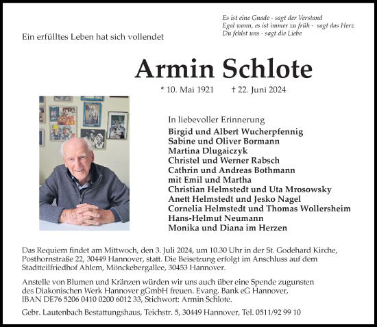 Traueranzeige von Armin Schlote von Hannoversche Allgemeine Zeitung/Neue Presse