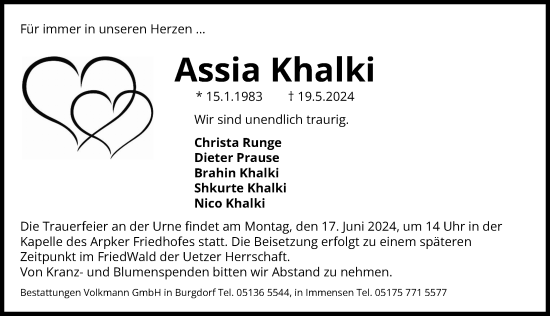 Traueranzeige von Assia Khalki von Hannoversche Allgemeine Zeitung/Neue Presse