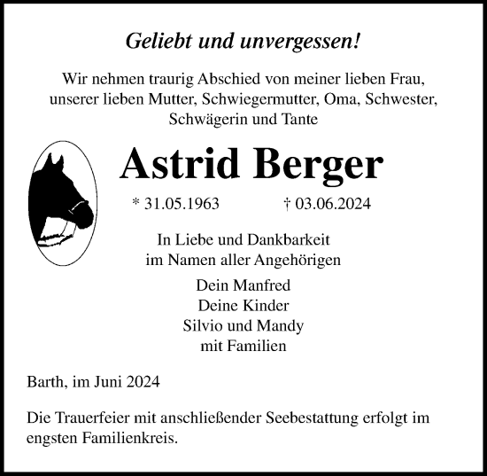 Traueranzeige von Astrid Berger von Ostsee-Zeitung GmbH