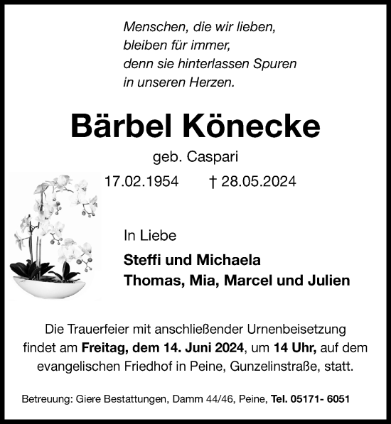 Traueranzeige von Bärbel Könecke von Peiner Allgemeine Zeitung