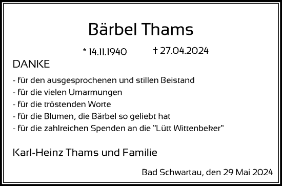 Traueranzeige von Bärbel Thams von Kieler Nachrichten