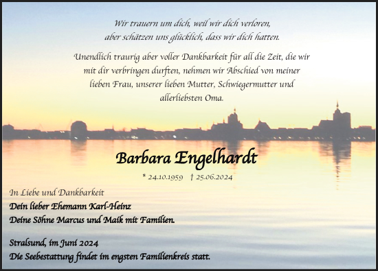 Traueranzeige von Barbara Engelhardt von Ostsee-Zeitung GmbH