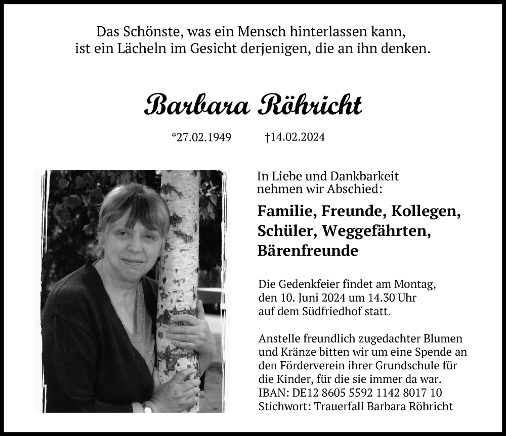  Traueranzeige für Barbara Röhricht vom 05.06.2024 aus Leipziger Volkszeitung