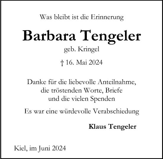 Traueranzeige von Barbara Tengeler von Kieler Nachrichten