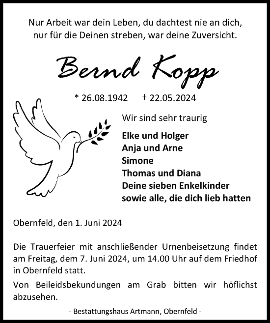 Traueranzeige von Bernd Kopp von Eichsfelder Tageblatt