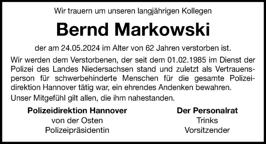 Traueranzeige von Bernd Markowski von Hannoversche Allgemeine Zeitung/Neue Presse