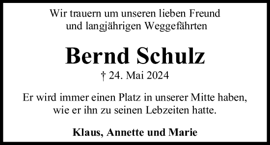 Traueranzeige von Bernd Schulz von Kieler Nachrichten