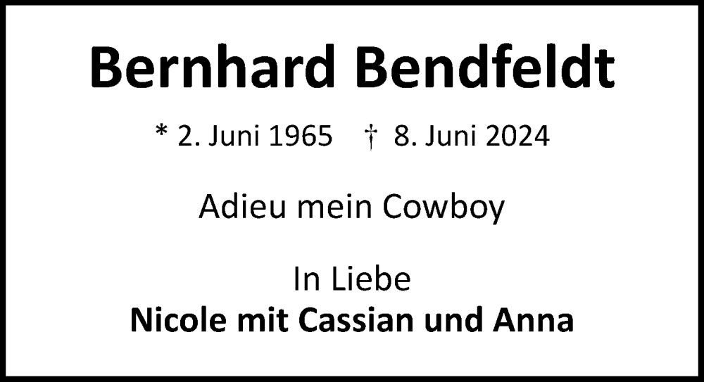  Traueranzeige für Bernhard Bendfeldt vom 23.06.2024 aus Lübecker Nachrichten