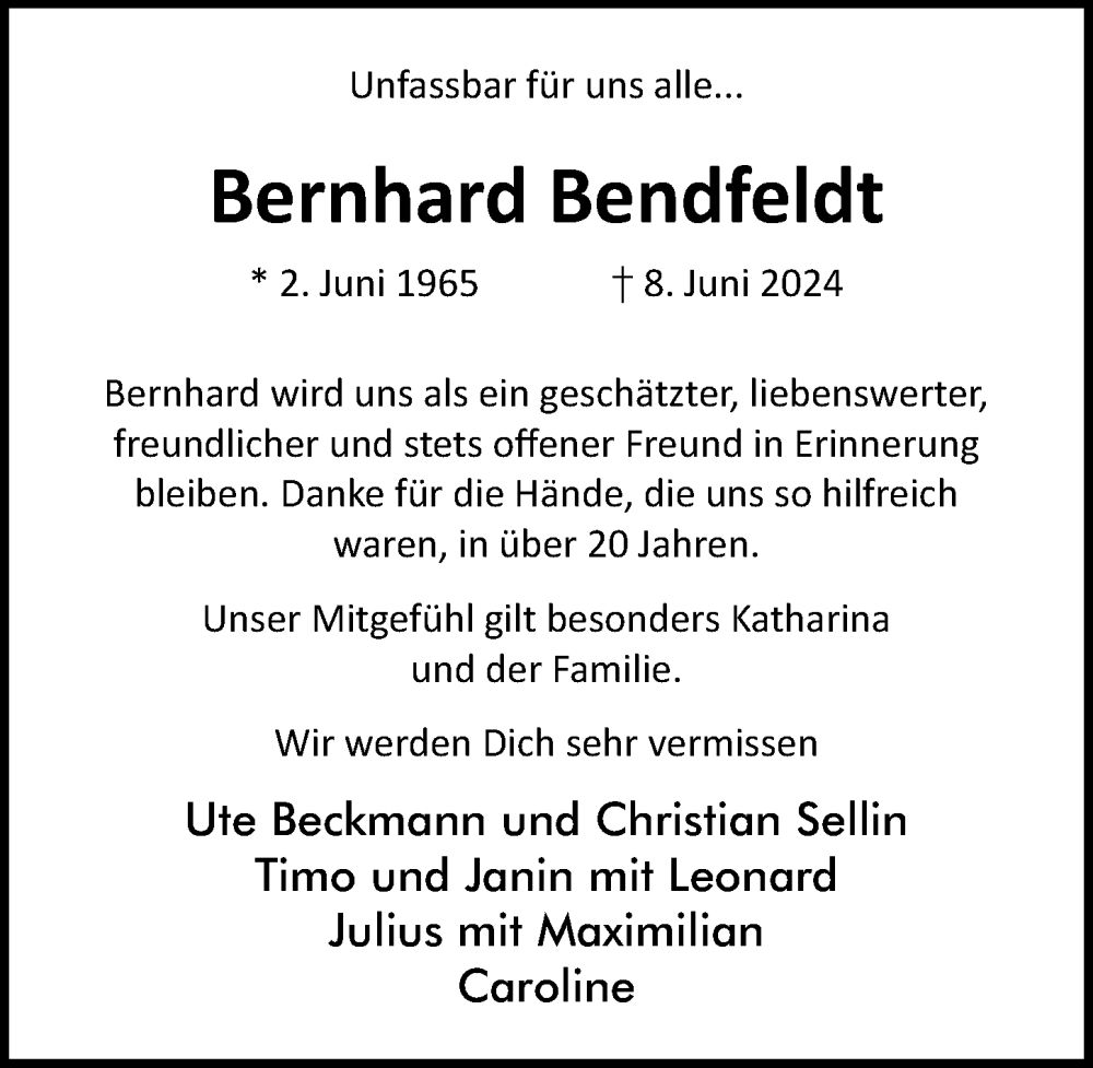  Traueranzeige für Bernhard Bendfeldt vom 16.06.2024 aus Lübecker Nachrichten