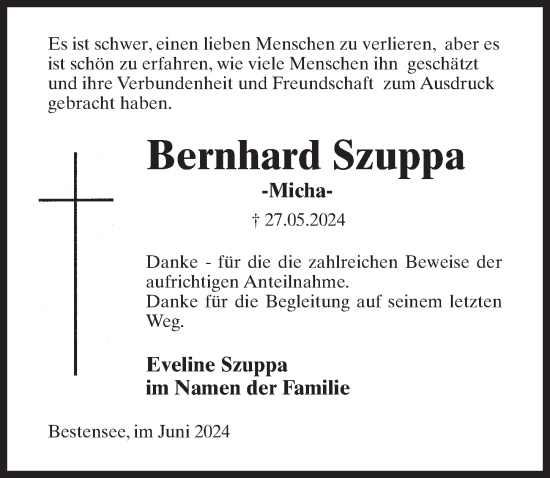 Traueranzeige von Bernhard Szuppa von Märkischen Allgemeine Zeitung