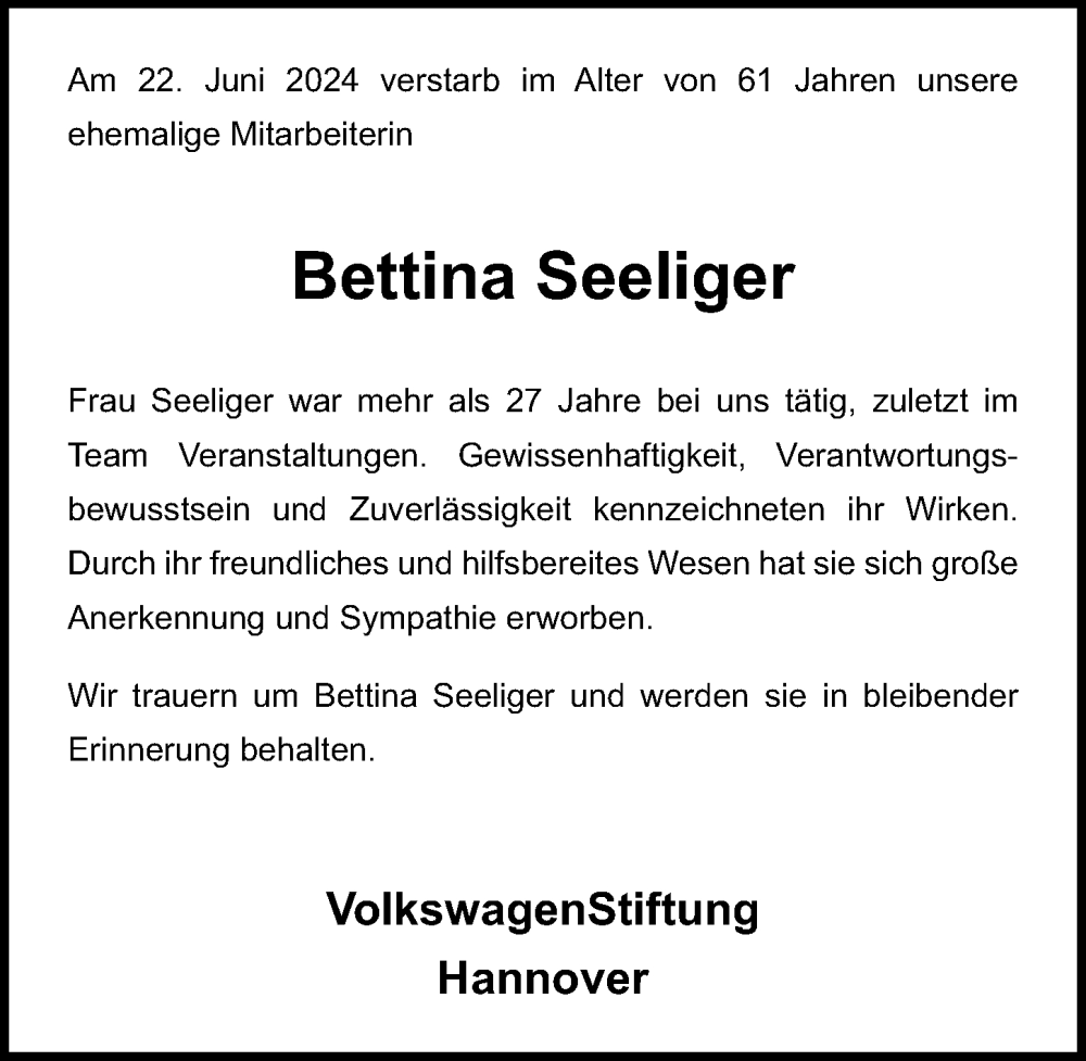  Traueranzeige für Bettina Seeliger vom 29.06.2024 aus Hannoversche Allgemeine Zeitung/Neue Presse