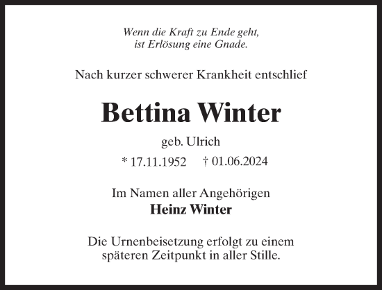Traueranzeige von Bettina Winter von Märkischen Allgemeine Zeitung