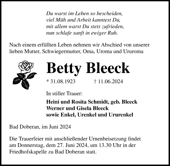 Traueranzeige von Betty Bleeck von Ostsee-Zeitung GmbH