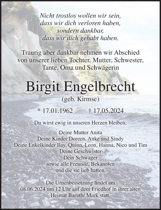 Traueranzeige von Birgit Engelbrecht von Ostsee-Zeitung GmbH