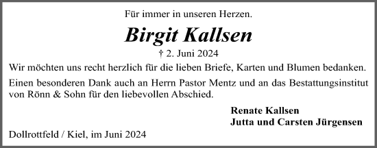 Traueranzeige von Birgit Kallsen von Kieler Nachrichten